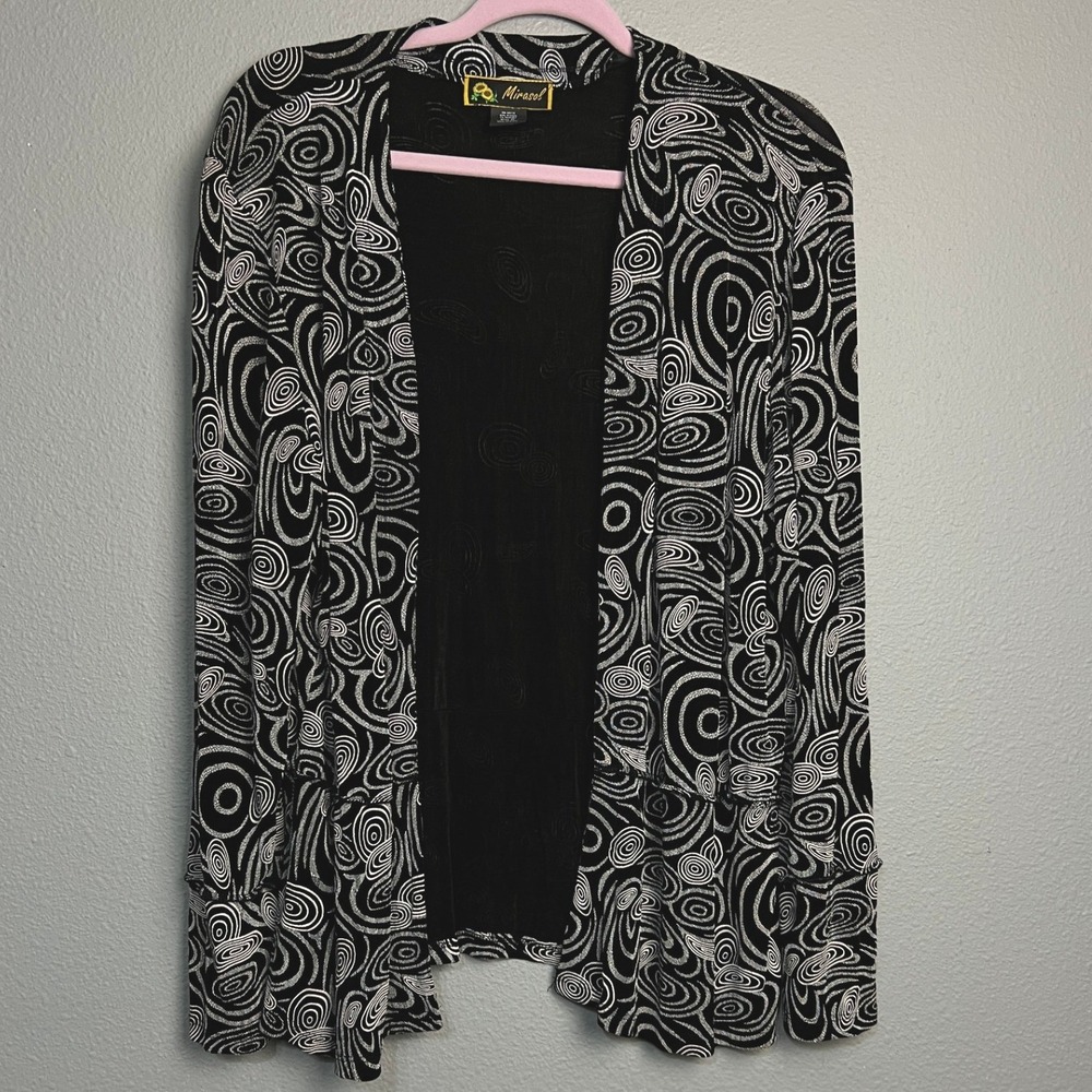 Mirasol Womens XL Black White Swirl Print Open Front Cardigan 70s 80s USA Made